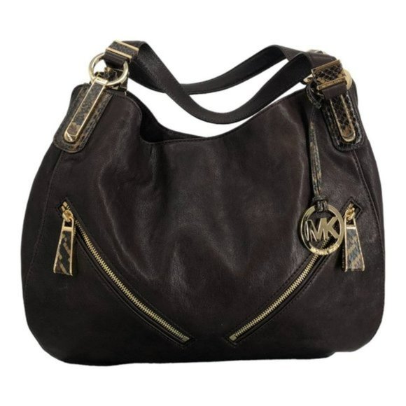 Michael Kors Matilda Brown pebble Leather and Snakeskin Zipper Hobo Bag - Picture 1 of 7